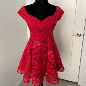 Red Lace Off Shoulder Skater Prom Dress